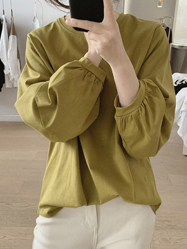 Pleated Solid Color Long Sleeves Loose Round-Neck T-Shirts Tops