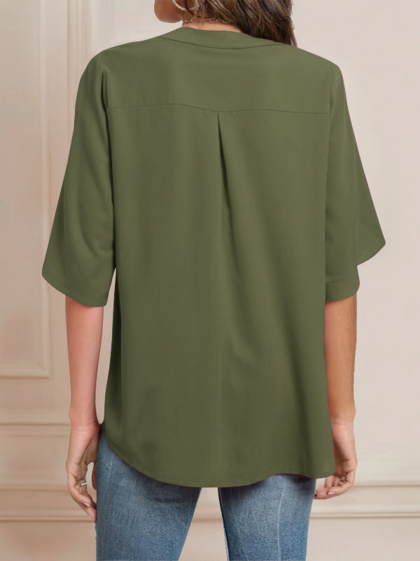 Pleated Solid Color Flared Sleeves Loose Lapel Blouses&shirts Tops