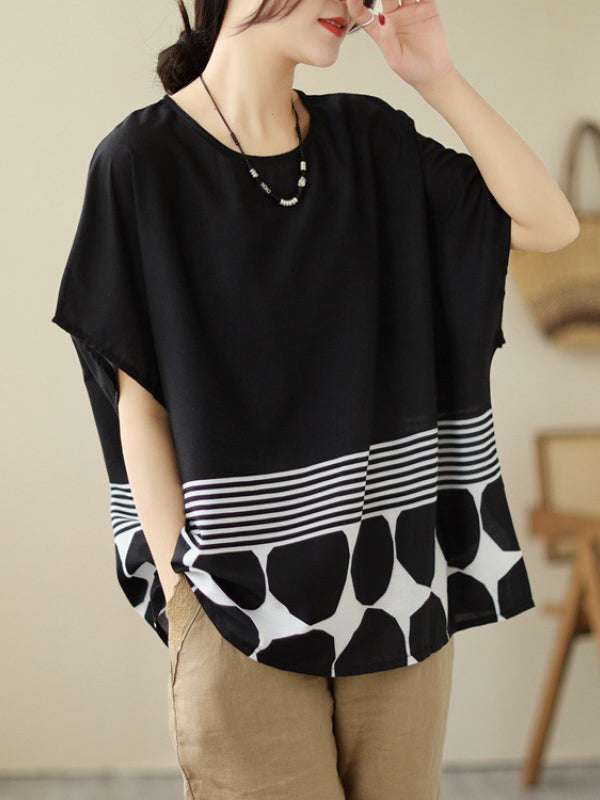 Polka Dot Split-Joint Striped Loose Short Sleeves Round-Neck T-Shirts Tops