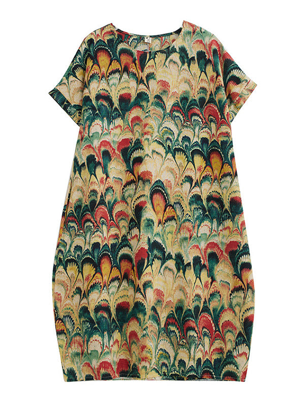 Printed Split-Joint Loose Short Sleeves Round-neck Midi Dresses