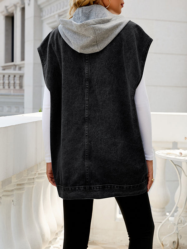 Buttoned Detachable Hooded Pockets Split-Joint Loose Sleeveless Lapel Collar Vest Outerwear
