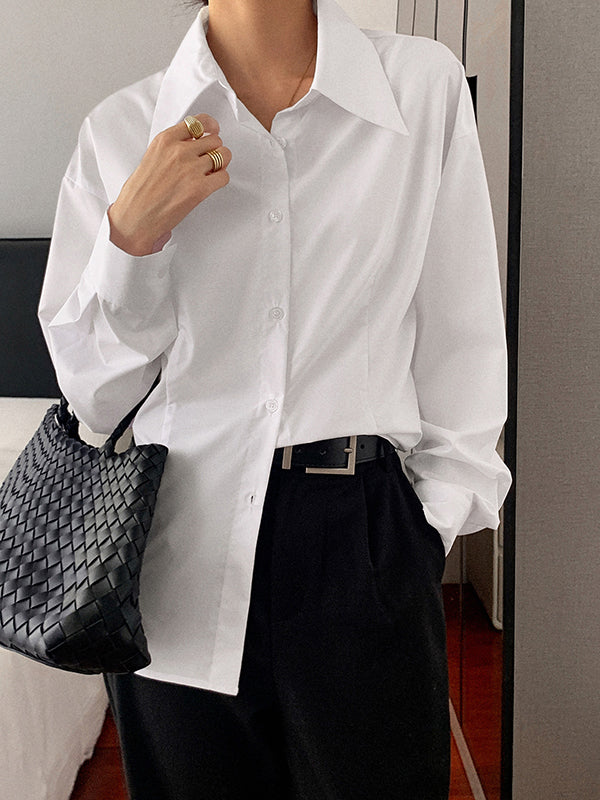 Buttoned Solid Color Long Sleeves Loose Lapel Blouses&Shirts Tops