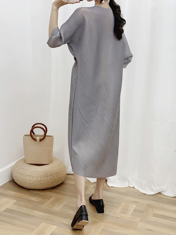 Pleated Solid Color Half Sleeves Irregular Clipping Round-Neck Midi Dresses