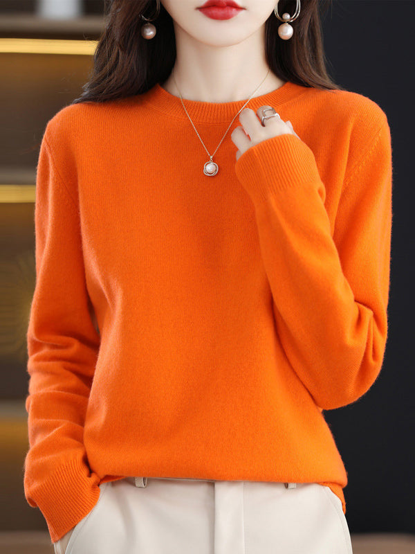 Casual Long Sleeves Loose Solid Color Round-Neck Sweater Tops