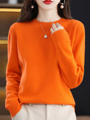 Casual Long Sleeves Loose Solid Color Round-Neck Sweater Tops