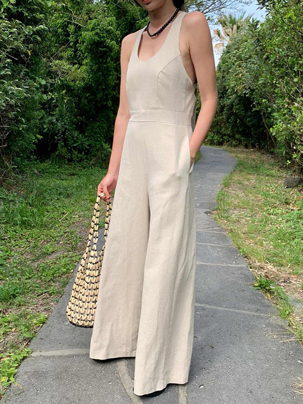 Solid Color Sleeveless Wide Leg Round-neck Jumpsuits