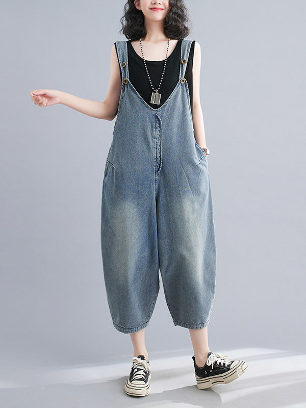 Buttoned Cropped Loose Denim Overalls