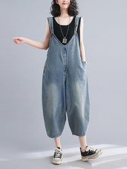 Buttoned Cropped Loose Denim Overalls