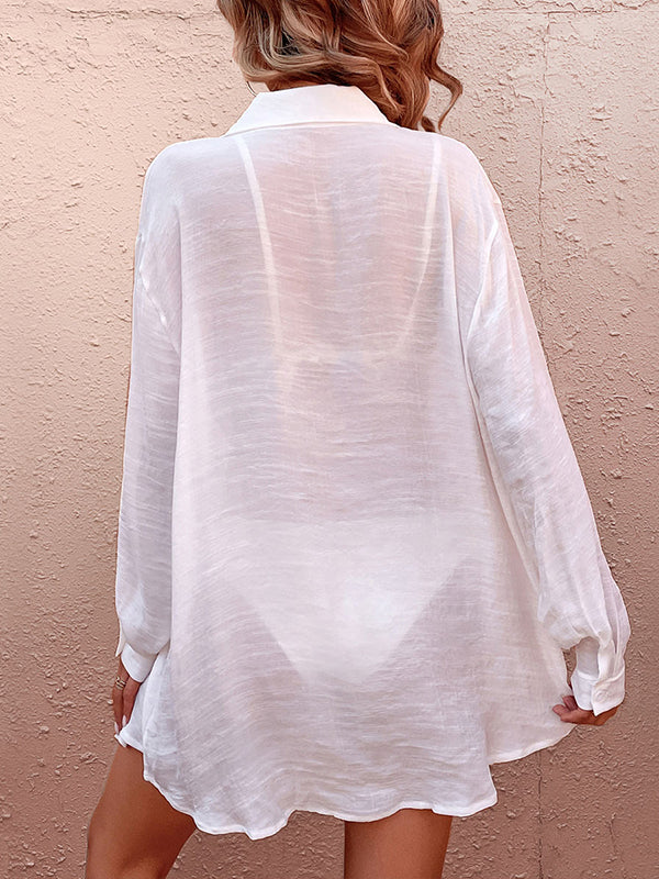 See-Through Solid Color Split-Joint Long Sleeves Loose Lapel Blouses&Shirts Tops