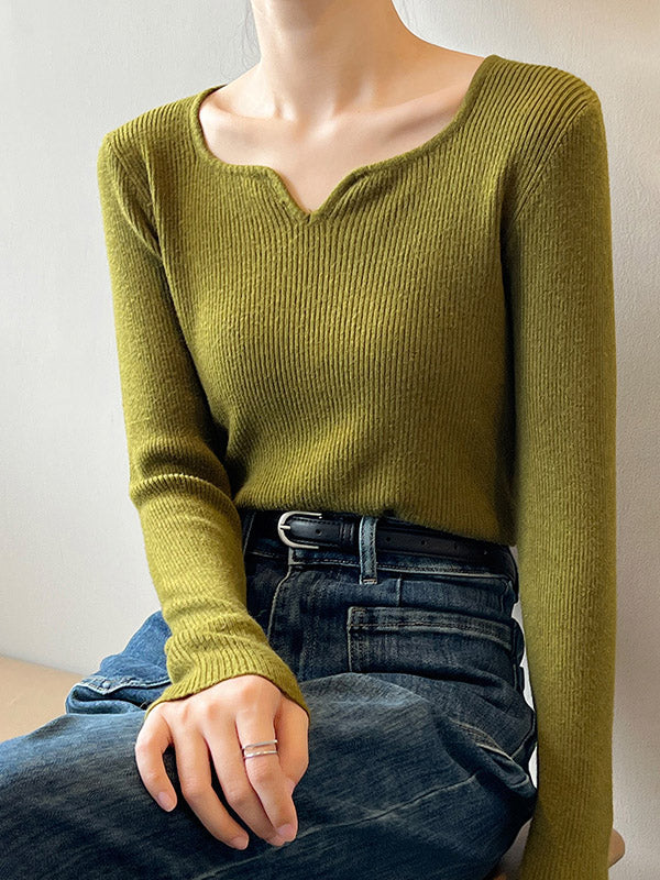 Urban Skinny Long Sleeves Elasticity Solid Color V-Neck Sweater Tops Pullovers