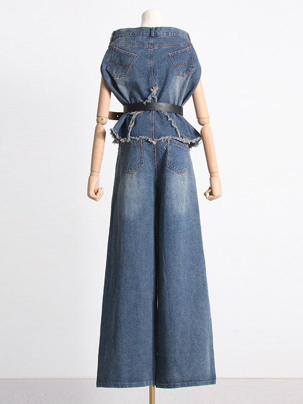 Buttoned Fringed Loose Sleeveless Belted Pockets Boat Neck Vest Top + Pants Bottom Two Pieces Set