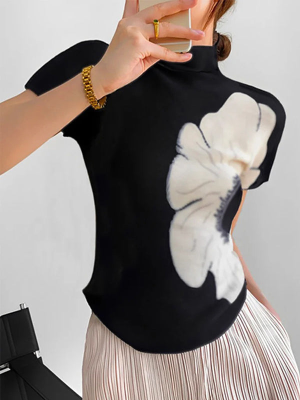 Flower Print Short Sleeves Skinny High Neck T-Shirts Tops