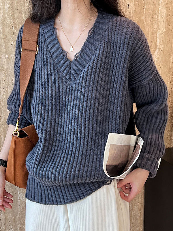 Hollow Solid Color Long Sleeves Loose V-Neck Sweater Tops Pullovers
