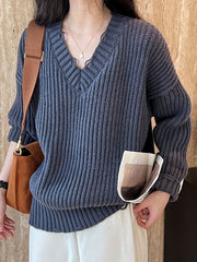 Hollow Solid Color Long Sleeves Loose V-Neck Sweater Tops Pullovers