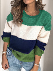 Contrast Color Split-Joint Striped Long Sleeves Loose Round-Neck Sweater Tops Pullovers