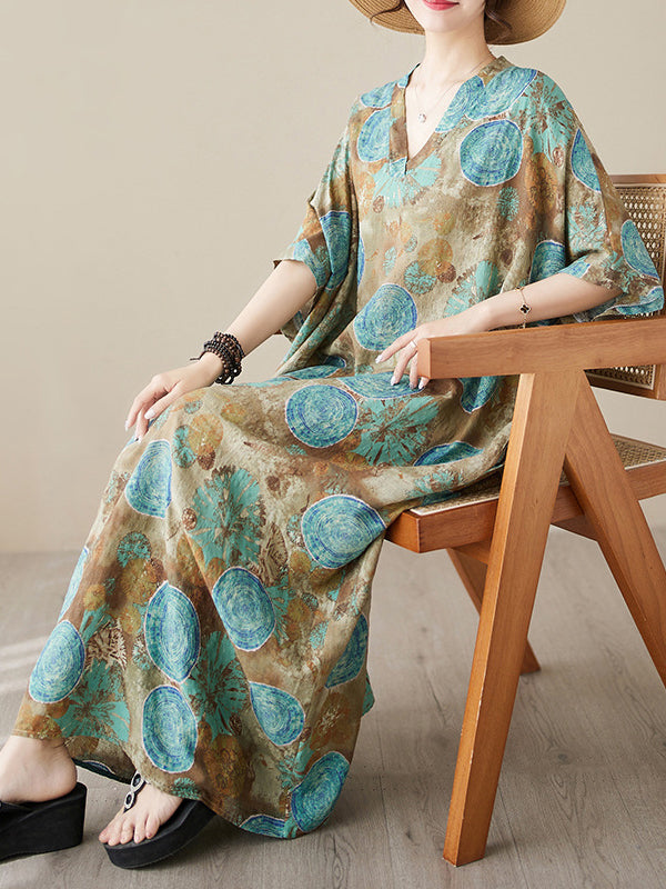 Printed Loose Short Sleeves V-Neck Maxi Dresses