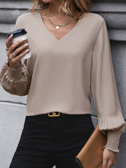 Elasticity Pleated Solid Color Long Sleeves Loose V-Neck T-Shirts Tops