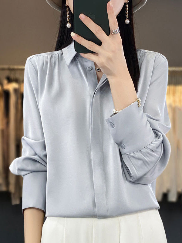 Buttoned Pleated Solid Color Long Sleeves Loose Lapel Blouses&Shirts Tops