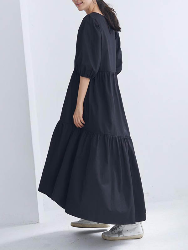 Half Sleeves Puff Sleeves Breathable See-Through Solid Color Round-Neck Midi Dresses