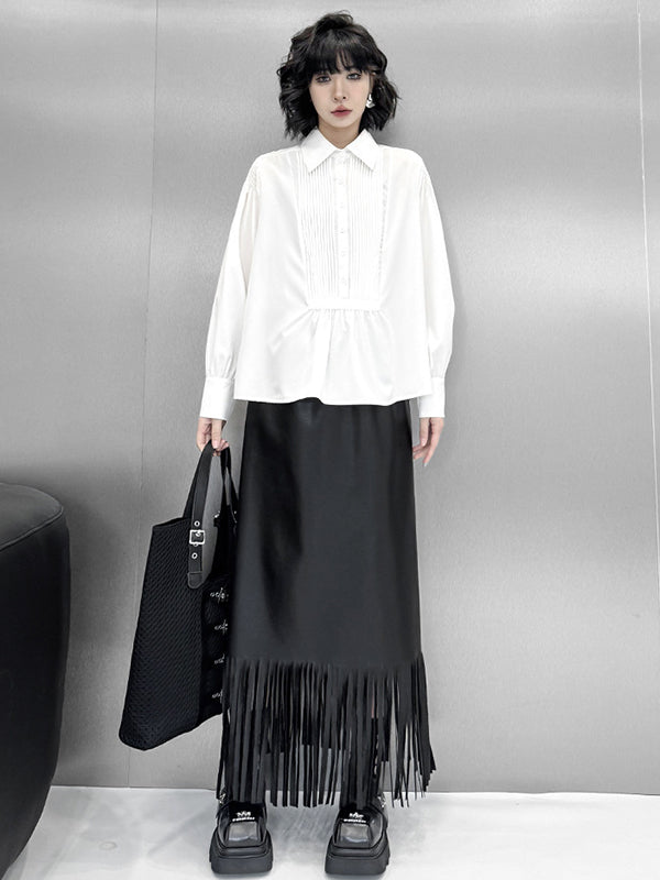 Buttoned Pleated Solid Color Long Sleeves Loose Polo Blouses&Shirts Tops