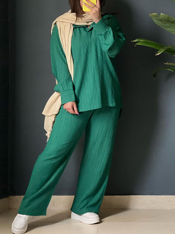 Lapel Pleated Solid Color High-Low Long Sleeves Split-Side Shirts Top + Pants Bottom Two Pieces Set