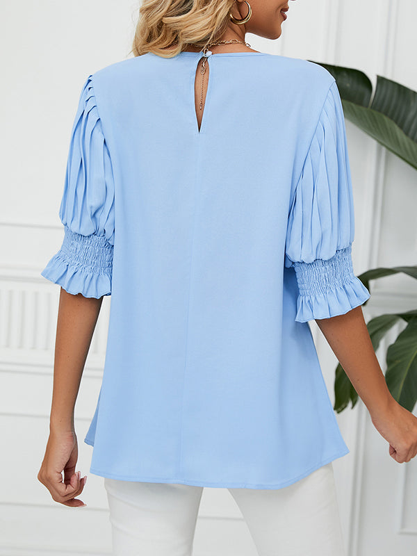 Pleated Solid Color Loose Puff Sleeves Round-Neck T-Shirts Tops