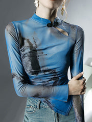 Asymmetric Hollow Mesh See-Through Wash Painting Long Sleeves Plus Size Mock Neck T-Shirts Tops
