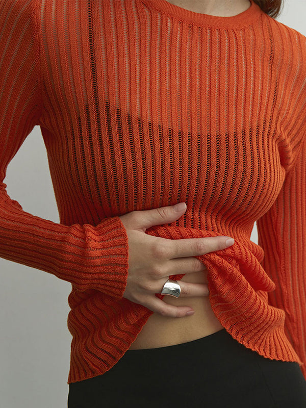 See-Through Split-Joint Long Sleeves Skinny Round-Neck T-Shirts
