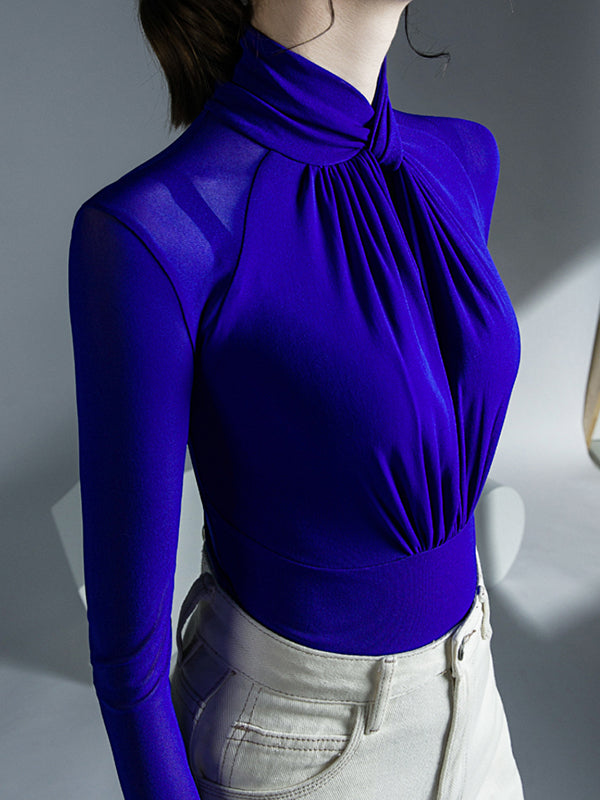 Hollow Pleated Solid Color Long Sleeves Plus Size Mock Neck T-Shirts Tops