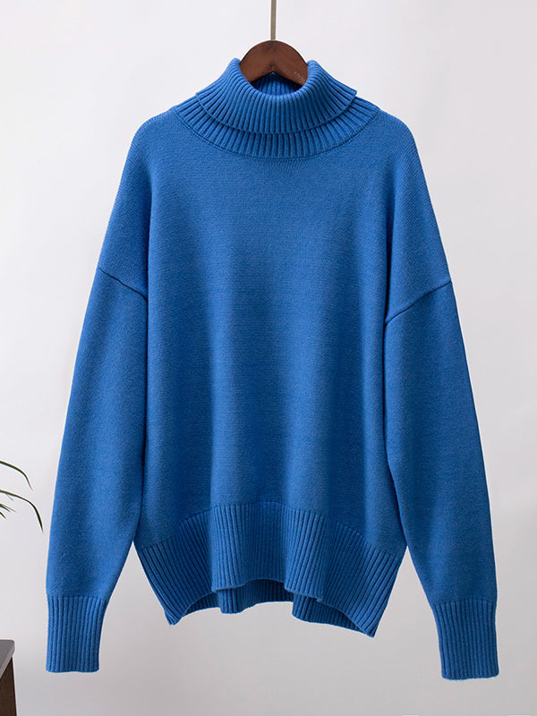 Solid Color Split-Joint High-Low Long Sleeves High Neck Sweater Tops