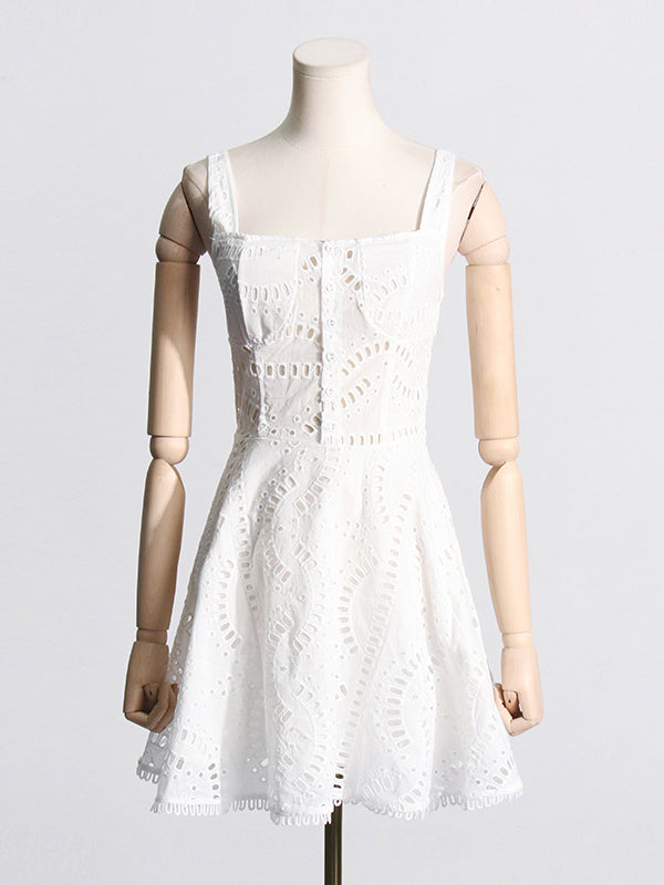 Buttoned Elasticity Hollow Solid Color High Waisted Loose Spaghetti-Neck Mini Dresses