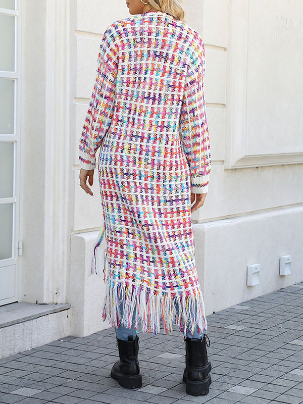 Plaid Tasseled Long Sleeves Loose Collarless Cardigan Tops
