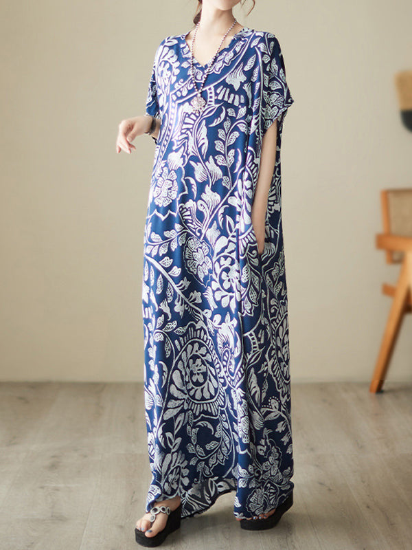 Floral Printed Loose Short Sleeves V-neck Maxi Dresses