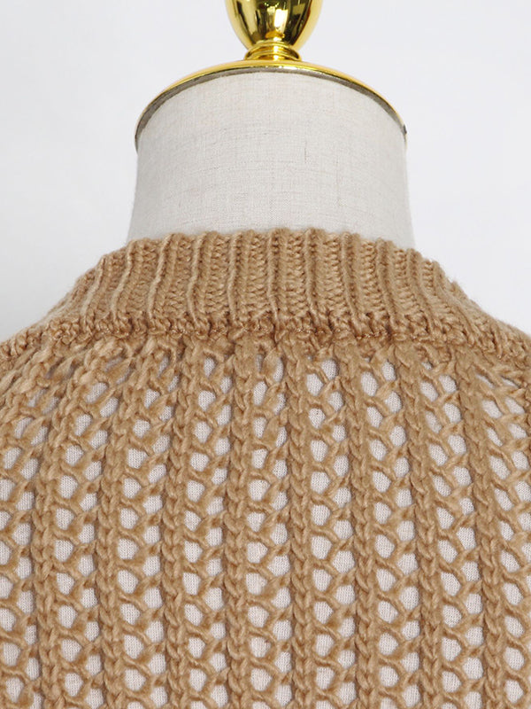 Original Long Sleeves Loose Hollow Solid Color V-Neck Sweater Tops