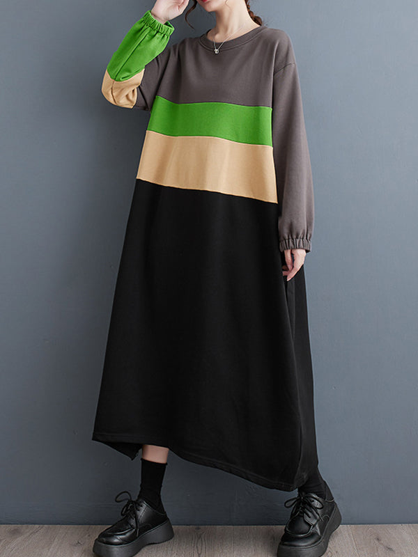 Contrast Color Elasticity Split-Joint A-Line Long Sleeves Round-Neck Midi Dresses