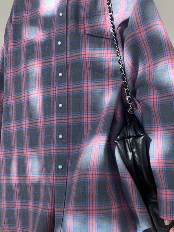 Buttoned Plaid Pockets Split-Joint Long Sleeves Loose Lapel Blouses&shirts Tops