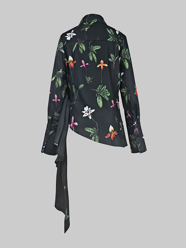 Asymmetric Flower Print Split-Joint Long Sleeves Loose Lapel Blouses&shirts Tops