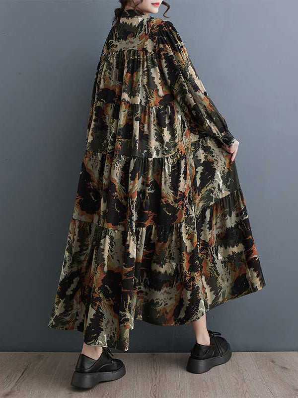 Pleated Printed Split-Joint A-Line Long Sleeves Round-Neck Midi Dresses