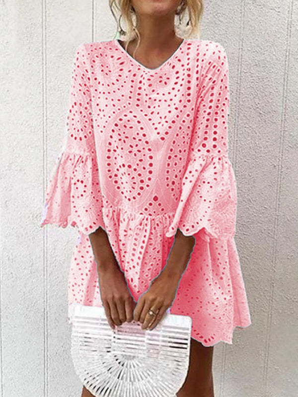 Embroidered Hollow Solid Color Split-Joint A-Line Flared Sleeves V-Neck Mini Dresses