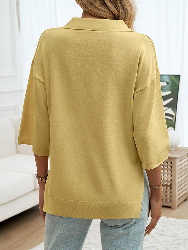 Solid Color Half Sleeves Loose Lapel Sweater Tops Blouses&Shirts Tops