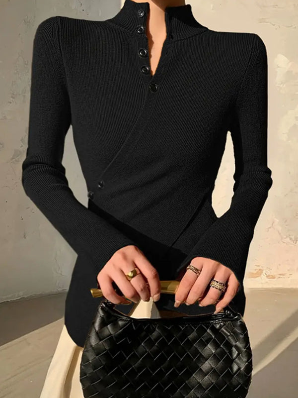 Asymmetric Split-front Split-Joint Long Sleeves V-neck Sweater Tops