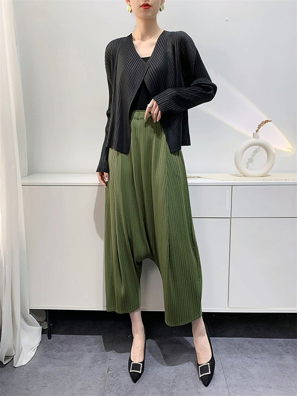 Elasticity Pleated Solid Color Split-Joint Harem Pants High Waisted Trousers Pants Ninth Pants
