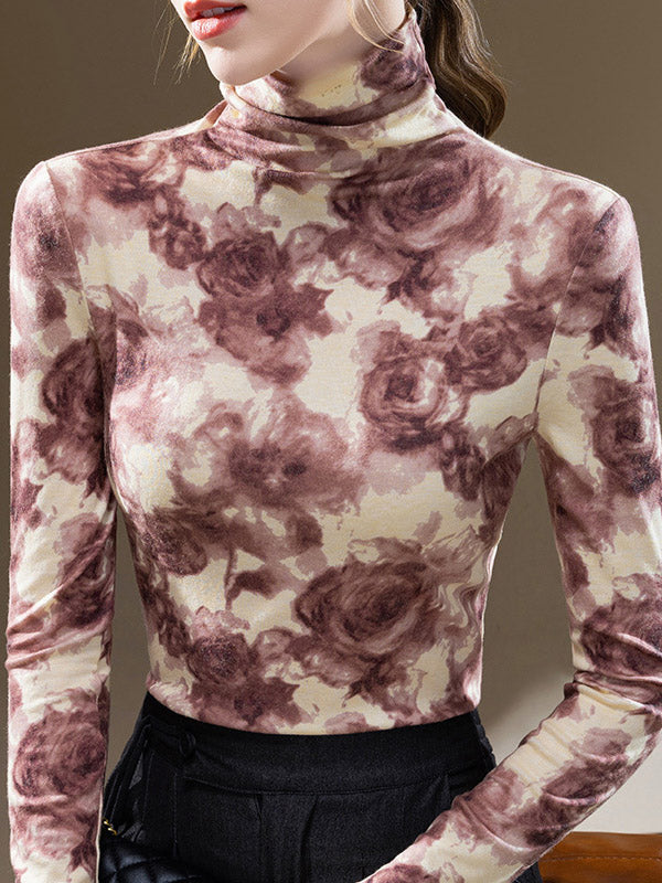 Flower Print Split-Joint Long Sleeves Plus Size High Neck T-Shirts