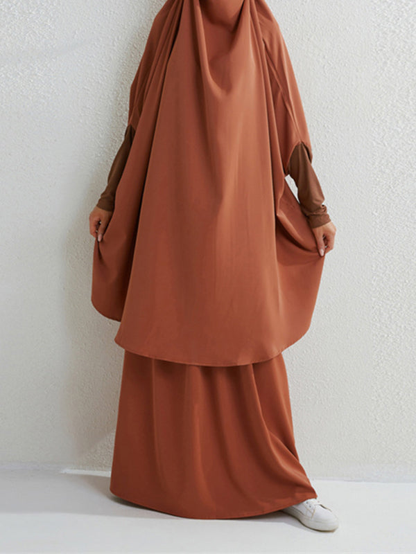 Solid Color Batwing Sleeves Long Sleeves Muslim High Neck Shirts Top + Skirts Bottom Two Pieces Set