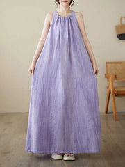 Pleated Solid Color A-Line Loose Round-Neck Midi Dresses