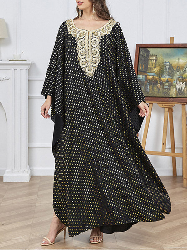 Bronzing Split-Joint Split-Side Batwing Sleeves Long Sleeves V-Neck Robes Maxi Dresses