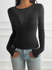 See-Through Solid Color Long Sleeves Skinny Deep V-Neck T-Shirts Tops