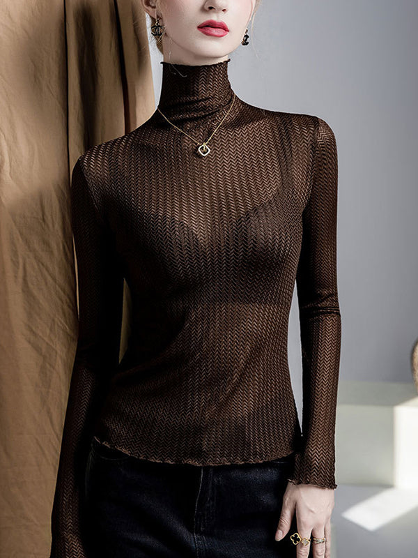 Mesh See-Through Slightly Sheer Split-Joint Long Sleeves Plus Size High Neck T-Shirts