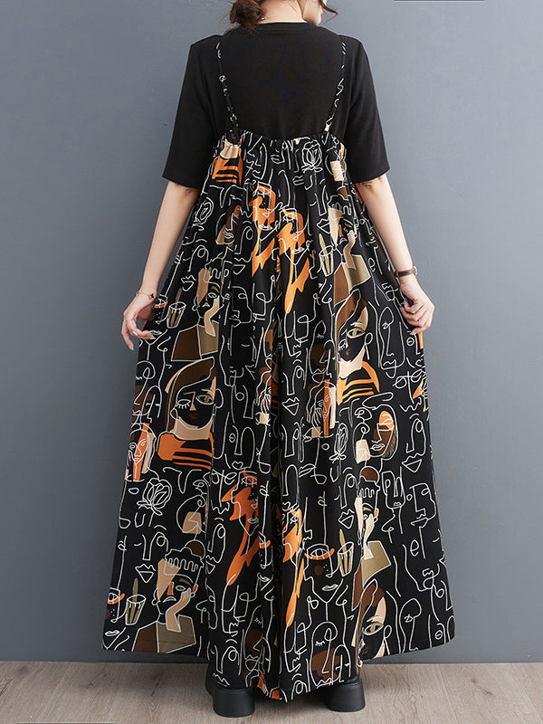 Figure Printed Loose Wide Leg Spaghetti-Neck Overalls