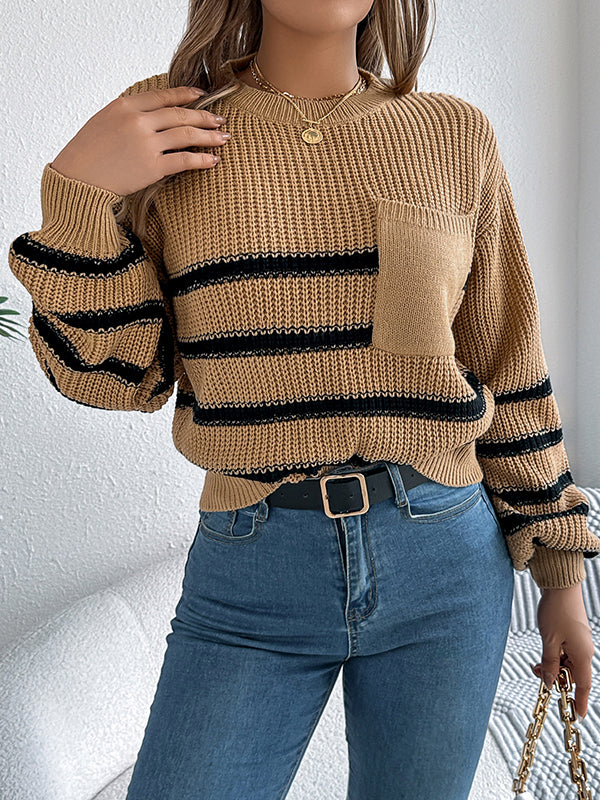 Contrast Color Pockets Split-Joint Long Sleeves Loose Round-Neck Sweater Tops Pullovers